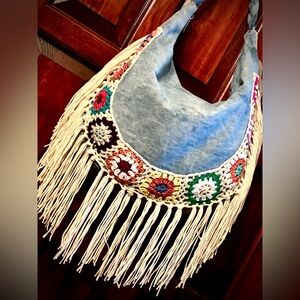 SOLD🔴 New NWT BLUE DENIM HANDCROCHETED BOHEMIAN SHOULDER BAG